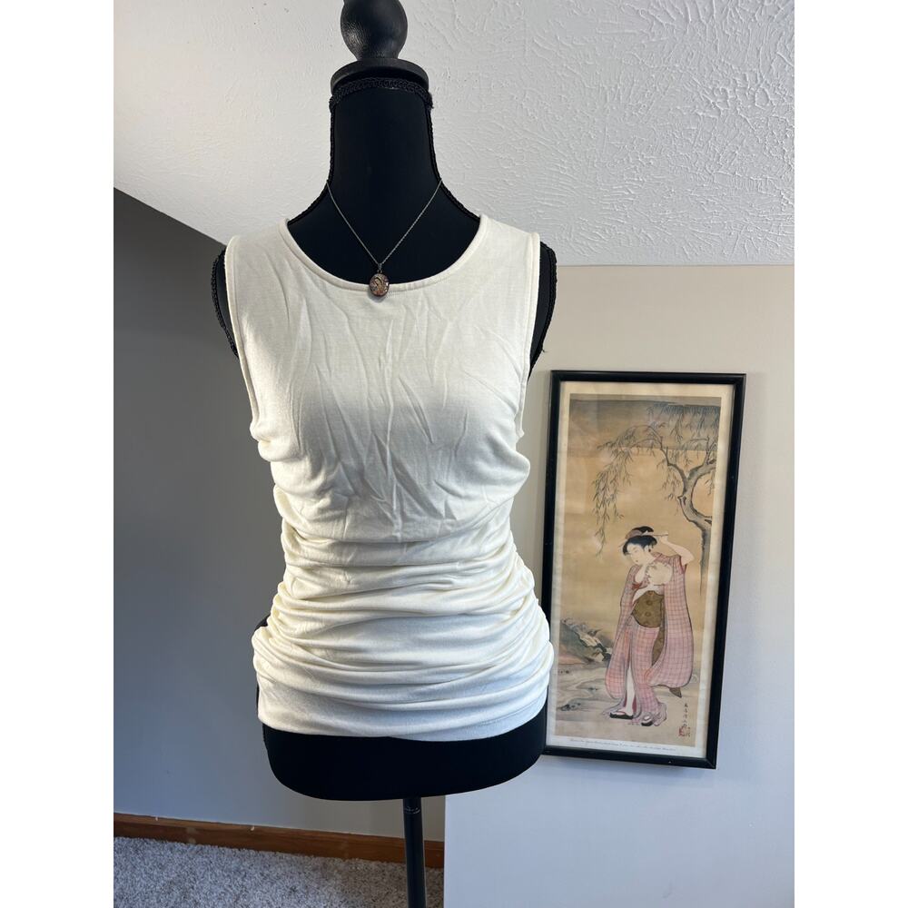 Banana Republic Ruched Tank Cream Women's Small Round Neck Side Zipper Stretch